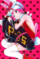  animal_ears bag beauty_(bobobo-bo_bo-bobo) blue_eyes blush bobobo-bo_bo-bobo earrings fake_animal_ears fake_tail female hakyarameru heart highres jewelry looking_at_viewer open_mouth pink_hair protected_link rabbit_tail short_hair solo tail thighhighs wristband 