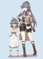  ! 2girls :d bare_arms black_shorts blue_background blue_eyes blush_stickers boots brown_footwear brown_gloves brown_jacket collared_shirt colored_shadow commentary_request cross-laced_footwear dress fu_hua fu_hua_(hawk_of_the_fog) fu_hua_(valkyrie_accipiter) gloves grey_hair grey_socks hair_between_eyes hands_on_own_hips highres honkai_(series) honkai_impact_3rd jacket lace-up_boots long_hair long_sleeves looking_at_viewer monocle multiple_girls off-shoulder_jacket off_shoulder parted_lips purple_eyes ribbed_socks sandals shadow shirt short_shorts shorts simple_background sleeveless sleeveless_dress smile socks suzuka_(rush_rush_5rush) very_long_hair vita_(young)_(honkai_impact) white_dress white_shirt 