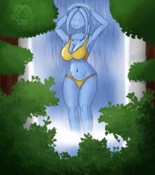  2022 absurd_res bathing bikini blue_body blue_skin breasts clothing colored digital_drawing_(artwork) digital_media_(artwork) dragon_ball dragon_ball_xenoverse el_nacho female front_view glistening glistening_body glistening_skin hands_behind_head hi_res humanoid karen_(el_nacho) majin nature nature_background navel not_furry plant pseudo_hair rock shaded signature solo swimwear tentacle tentacle_hair tree water water_drop waterfall wet wet_body yellow_bikini yellow_clothing yellow_swimwear 