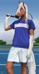  anthro blue_clothing blue_eyes blue_shirt blue_topwear bottomwear clothing dolehest equid equine fusilier hi_res horse male mammal maxym_(bloopertrooper) pose shirt shorts solo sport t-shirt tennis tennis_court tennis_racket topwear 