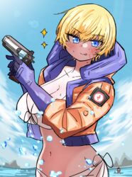  1boy absurdres animification apex_legends ayudesu b3_wingman bad_id bad_pixiv_id bikini black_hair blonde_hair blue_gloves breasts cleavage cloud collarbone dark-skinned_male dark_skin day female gibraltar_(apex_legends) gloves gun handgun highres holding holding_gun holding_weapon hood hood_down hooded_jacket jacket large_breasts lightning_bolt_symbol looking_at_viewer navel orange_jacket revolver short_hair sky smile solo_focus sparkle swimsuit tongue tongue_out v-shaped_eyebrows water wattson_(apex_legends) weapon white_bikini 