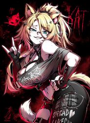  \m/ animal_ear_fluff animal_ears bandaid bandaid_on_face bandaid_on_nose bare_shoulders black_gloves blonde_hair breasts cat_ears cat_tail cleavage commission cover crop_top ebiblue english_text eye_trail female fingerless_gloves freckles gloves green_eyes hair_ornament hair_scrunchie hairpin hand_on_own_hip heavy_metal highres indie_virtual_youtuber jewelry large_breasts light_trail looking_at_viewer metal_band_text midriff navel necklace obkatiekat obkatiekat_(2nd_costume) off-shoulder_shirt off_shoulder official_art ponytail scrunchie shirt skeb_commission smirk solo tail virtual_youtuber 