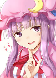  blunt_bangs bow bowtie commentary_request crescent crescent_hat_ornament double_bun dress female finger_to_own_chin grin hair_bun hat hat_ornament hat_ribbon head_tilt light_blush long_hair looking_at_viewer mob_cap open_mouth patchouli_knowledge pink_hat pink_robe purple_eyes purple_hair ram_hachimin red_bow red_bowtie red_ribbon ribbon robe sidelocks simple_background smile solo sound_effects striped_clothes striped_dress touhou upper_body white_background 