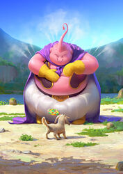  1boy animal antennae bee_(dragon_ball) blue_sky boots candy canine cape cassio_yoshiyaki closed_eyes closed_mouth colored_skin commentary day dragon_ball dragon_ball_z english_commentary fat_buu food gloves grass highres holding holding_food lollipop looking_at_another majin_buu male_focus mountain mountainous_horizon mouth_hold nature outdoors photoshop_(medium) pink_skin purple_cape river rock signature sky smile standing steaming_body yellow_gloves 