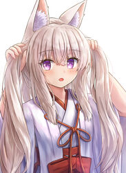  animal_ear_fluff animal_ears arms_up blush bow bunching_hair commentary_request female fox_ears grey_hair hair_between_eyes hakama hakama_skirt highres iroha_(iroha_matsurika) japanese_clothes kimono koyoi_(iroha_(iroha_matsurika)) looking_at_viewer miko open_mouth original purple_eyes red_bow red_hakama simple_background skirt solo two_side_up upper_body white_background white_kimono 