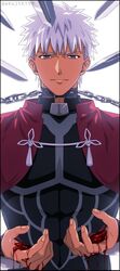  1boy akujiki59 alternate_hairstyle archer_(fate) armor artist_name black_border bleeding blood border breastplate brown_eyes chained chains closed_mouth collar covered_abs dark-skinned_male dark_skin fate/stay_night fate_(series) long_sleeves looking_at_viewer male_focus pointing_sword pointing_weapon short_hair smile solo_focus sword upper_body weapon white_background white_hair 