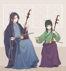  1boy aoqun arm_wrap beads blunt_bangs brown_background bun_cover chinese_clothes coat duijin_ruqun erhu female freckles full_body green_hair hair_beads hair_bun hair_ornament hair_ribbon half_updo hanfu highres instrument invisible_chair jiaoling_ruqun jinshi_(kusuriya_no_hitorigoto) kusuriya_no_hitorigoto lattice long_hair long_sleeves looking_at_another looking_away maomao_(kusuriya_no_hitorigoto) multi-tied_hair music playing_instrument purple_eyes purple_hair purple_skirt ribbon ruei_(chicking) ruqun sash sidelocks single_hair_bun sitting skirt smile twintails wide_sleeves 