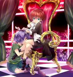  2boys aoinunu_(kamutomushi) blue_eyes boots bow brown_gloves brown_hair chair gloves hand_in_another&#039;s_hair head_rest heimdal_(matantei_loki_ragnarok) highres hugging_another&#039;s_leg loki_(matantei_loki_ragnarok) looking_at_viewer male_focus matantei_loki_ragnarok multiple_boys on_floor purple_hair red_eyes shirt shorts sitting t-shirt yaoi 