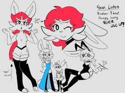  aleph anthro braixen bunny_costume cinderace clothed clothing costume dress english_text fan_character female generation_6_pokemon generation_8_pokemon kitsunekotaro lagomorph legwear leporid mammal model_sheet nintendo pokemon pokemon_(species) san_lapen smile solo text thigh_highs 