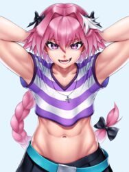  1boy abs arms_behind_head arms_up astolfo_(fate) astolfo_(memories_at_trifas)_(fate) belt belt_buckle bow braid braided_ponytail buckle commentary crop_top cropped_shirt crossdressing english_commentary fate/apocrypha fate_(series) hair_between_eyes hairbow highres long_hair looking_at_viewer male_focus midriff multicolored_hair navel oerba_yun_fang open_mouth pink_hair purple_eyes shirt short_sleeves simple_background skin_fang skirt skylock solo striped_clothes striped_shirt teeth toned tongue two-tone_hair upper_body white_hair 