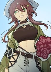  arknights bad_id bad_pixiv_id black_choker black_shirt blue_background breasts brown_hair choker coat cowboy_shot crop_top fedora female green_coat green_eyes grin hair_between_eyes hair_ornament hat highres hip_vent large_breasts meteor_(arknights) meteor_(bard&#039;s_holiday)_(arknights) midriff mole mole_under_eye navel official_alternate_costume open_clothes open_coat pants shirt simple_background smile solo standing star_(symbol) star_hair_ornament stomach white_pants yoshiga 