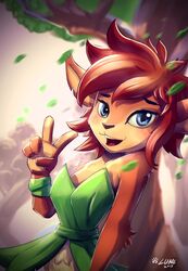  2019 5_fingers activision anthro blue_eyes clothing dated digital_media_(artwork) dress elora faun_(spyro) female fingers gesture green_clothing green_dress hair hand_gesture hi_res leaf leaf_clothing leaf_dress lunesnowtail notched_ear plant shaded signature solo spyro_the_dragon tree v_sign 