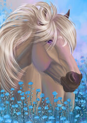  alexandradane blue_flower equid equine facial_markings female feral flower forget-me-not_(flower) head_markings hi_res horse icelandic_horse mammal markings mary_(bloopertrooper) plant purple_eyes solo 