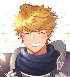  1boy alternate_costume armor blonde_hair blush close-up closed_eyes excited facing_viewer granblue_fantasy higashigunkan light male_focus metal pauldrons scarf short_hair shoulder_armor smile solo vambraces vane_(granblue_fantasy) white_background 