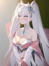  ai-generated bare_shoulders blue_eyes blush breasts check_commentary chinese_commentary cleavage closed_mouth commentary_request dress female hair_between_eyes hair_intakes hair_ornament haruka_poi highres large_breasts long_hair long_sleeves looking_away original solo strapless strapless_dress twintails very_long_hair white_dress white_hair wide_sleeves 