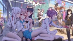  6+girls alicorn ascot ayanami_(azur_lane) azur_lane black_ribbon blonde_hair blue_sailor_collar camisole commentary_request dress enterprise_(azur_lane) feet fu_shun_(azur_lane) hair_bun high_ponytail himitsu_(hi_mi_tsu_2) javelin_(azur_lane) laffey_(azur_lane) le_malin_(azur_lane) light_brown_hair long_hair manjuu_(azur_lane) midriff_peek multiple_girls ning_hai_(azur_lane) no_shoes noshiro_(azur_lane) orange_eyes pantyhose ping_hai_(azur_lane) purple_eyes purple_hair red_eyes ribbon sailor_collar saratoga_(azur_lane) school_uniform serafuku single_hair_bun stuffed_animal stuffed_toy stuffed_unicorn unicorn_(azur_lane) white_camisole white_dress white_pantyhose yat_sen_(azur_lane) yellow_ascot 