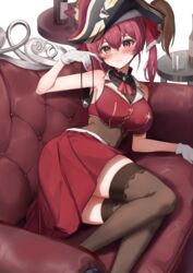  absurdres arm_support ascot bare_arms black_hat blush bodystocking breasts brown_thighhighs cleavage closed_mouth couch cropped_jacket cup drinking_glass eyepatch female gloves hair_between_eyes hair_ribbon hand_up hat highres holding_eyepatch hololive houshou_marine houshou_marine_(1st_costume) jacket korean_commentary large_breasts long_hair lying on_couch on_side pharamacom pirate_hat pleated_skirt red_ascot red_eyes red_hair red_jacket red_ribbon red_skirt ribbon see-through see-through_cleavage skirt sleeveless sleeveless_jacket solo thighhighs twintails unworn_eyepatch virtual_youtuber white_gloves 