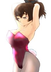  absurdres adjusting_hair armpits arms_behind_head arms_up bare_shoulders black_pantyhose black_ribbon breasts brown_eyes brown_hair closed_mouth cowboy_shot fake_tail female girls_und_panzer hair_ribbon half-closed_eyes highleg highleg_leotard highres koyama_yuzu large_breasts leotard light_frown oekaki_ojiisan one-hour_drawing_challenge pantyhose playboy_bunny purple_leotard rabbit_tail ribbon short_hair short_ponytail simple_background solo standing strapless strapless_leotard tail white_background 