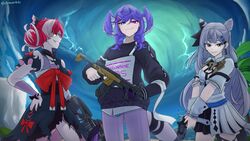  3girls ahoge apex_legends b3_wingman black_bow black_dress black_skirt black_sweater blue_eyes bow braid charge_rifle cone_hair_bun cowboy_shot crazy_eyes double_bun dress efreezerarts energy_gun english_commentary grey_eyes grey_hair grey_jacket gun hair_bun hairbow hand_on_own_hip handgun head_wings heterochromia highres holding holding_gun holding_weapon hololive hololive_indonesia jacket kureiji_ollie kureiji_ollie_(1st_costume) long_hair multicolored_hair multiple_girls nijisanji nijisanji_en outdoors pants purple_eyes purple_hair purple_pants r-99_smg red_eyes red_hair revolver selen_tatsuki selen_tatsuki_(1st_costume) skirt smile smirk storm_point_(apex_legends) streaked_hair submachine_gun sweater tail torn_clothes torn_dress twin_braids twitter_username v-shaped_eyebrows very_long_hair vestia_zeta vestia_zeta_(1st_costume) virtual_youtuber weapon wings 