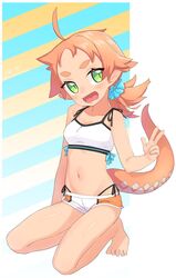  :d ahoge bad_id bad_twitter_id bare_arms bare_legs bare_shoulders barefoot bikini bikini_under_clothes blue_scrunchie breasts brown_hair cleavage diagonal_stripes female forehead full_body green_eyes hair_ornament hair_scrunchie hand_up head_tilt highleg highleg_bikini highres linea-chan_(owasaki) long_hair low_ponytail oerba_yun_fang original owasaki ponytail scrunchie short_eyebrows short_shorts shorts side-tie_bikini_bottom signature small_breasts smile solo striped striped_background swimsuit tail thick_eyebrows twitter_username v white_bikini white_shorts 