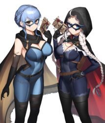  2girls absurdres ahoge alternate_costume black_cape black_footwear black_gloves blue_bodysuit blue_eyes blue_hair bodysuit boots braid breasts calling_card cape capelet cleavage commission commissioner_upload cosplay crystal_earrings dhokidoki earrings eye_mask fire_emblem fire_emblem:_three_houses fire_emblem_fates fire_emblem_heroes gloves grey_eyes harness highres hood hood_up hooded_cape jewelry kagero_(fire_emblem) kagero_(fire_emblem)_(cosplay) kagero_(thief)_(fire_emblem) large_breasts leather long_hair low_twin_braids marianne_von_edmund medium_breasts multiple_girls nina_(fire_emblem) nina_(thief)_(fire_emblem) non-web_source o-ring o-ring_harness official_alternate_costume parted_bangs red_capelet skin_tight thigh_boots transparent_background turtleneck twin_braids two-tone_bodysuit two-tone_cape white_hair yellow_cape 