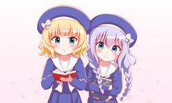  2girls :o beret blonde_hair blue_eyes blue_hair blue_headwear blue_shirt blue_skirt blush book bow braid closed_mouth commentary_request gochuumon_wa_usagi_desu_ka? goth_risuto green_eyes hair_between_eyes hat holding holding_book hugging_object kafuu_chino kirima_syaro long_hair low_twintails multiple_girls open_book parted_lips petals pleated_skirt revision sailor_collar shirt skirt smile striped striped_bow twin_braids twintails very_long_hair white_bow white_sailor_collar 