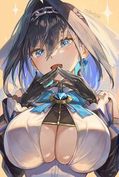  +_+ black_gloves black_hair blue_eyes blue_gemstone blue_hair blue_ribbon bow bow_earrings breasts chain_headband chains cleavage_cutout clothing_cutout covered_nipples cross-shaped_pupils detached_sleeves earrings excited female gem gloves hair_intakes headband heart-shaped_gem highres hololive hololive_english jewelry large_breasts looking_at_viewer open_mouth ouro_kronii ribbon ribbon_earrings sailor_collar santafe99 shiny_skin shirt short_hair skindentation sleeveless sleeveless_shirt smile solo sparkle sparkling_eyes star-shaped_pupils star_(symbol) symbol-shaped_pupils underboob underboob_cutout veil virtual_youtuber white_shirt zipper 