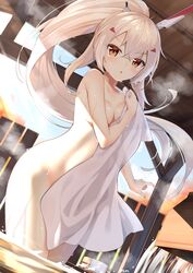  :o ass ayanami_(azur_lane) ayanami_(retrofit)_(azur_lane) azur_lane blurry breasts bucket cleavage collarbone commentary_request covering_privates depth_of_field dutch_angle female groin hair_between_eyes hair_ornament hairclip headgear highres long_hair looking_at_viewer medium_breasts nude_cover onsen orange_eyes parted_lips ponytail shinko_gunsei sidelocks solo standing steam towel very_long_hair wading wet wet_towel white_hair wooden_bucket 