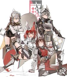  4girls :d absurdres animal_ears arknights arm_guards armored_boots ashlock_(arknights) belt belt_pouch black_gloves black_shorts black_skirt boots breasts brown_cape brown_eyes brown_hair cape closed_mouth crop_top cropped crossed_arms elbow_gloves fartooth_(arknights) feather_hair flametail_(arknights) gambeson gauntlets gloves grey_eyes grey_footwear grey_hair grey_headwear grin high-waist_shorts highres horse_ears horse_girl horse_tail jumbowhopper knee_boots knee_up large_breasts leaning_forward long_hair long_sleeves looking_at_viewer material_growth medium_breasts miniskirt multiple_girls oripathy_lesion_(arknights) parted_lips pleated_skirt pouch red_eyes red_hair see-through shield shirt short_hair shorts simple_background sitting skirt smile squirrel_ears squirrel_girl squirrel_tail standing tabard tail thigh_strap very_long_hair visor_(armor) waist_cape waving white_background white_shirt wild_mane_(arknights) yellow_eyes 