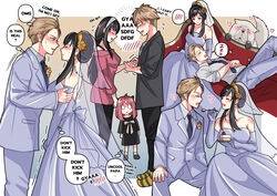  1boy 2girls anya_(spy_x_family) babigonice bare_shoulders black_hair blonde_hair blue_necktie blush bond_(spy_x_family) breasts canine cleavage detached_sleeves dress earrings english_text flower formal great_pyrenees hair_flower hair_ornament hairband heart jewelry large_breasts lolicon long_hair lying_on_lap multiple_girls necktie pink_hair sleeveless sleeveless_dress spy_x_family suit twilight_(spy_x_family) veil wedding_dress yor_briar 