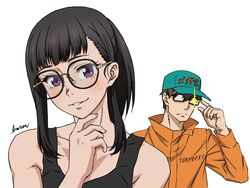  1boy artist_name bare_shoulders baron_(varon666) baseball_cap bespectacled black-framed_eyewear black_hair brown_hair clothes_writing en&#039;en_no_shouboutai female glasses green_headwear hair_behind_ear hand_on_own_chin hand_up hat highres jacket light_blush looking_at_viewer maki_oze opaque_glasses orange_jacket parted_lips purple_eyes rectangular_eyewear round_eyewear simple_background smile sparkle takehisa_hinawa tank_top translated upper_body white_background 