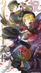  3boys ;d absurdres action aiguillette aqua_eyes armor black_gloves blonde_hair double_v enfield_(senjuushi) epaulettes flower flower_in_mouth gauntlets george_(senjuushi_r) gloves green_eyes green_hair hat highres holding holding_flower male_focus multiple_boys official_art one_eye_closed peaked_cap petals purple_eyes purple_hair red_flower red_rose rose rose_petals senjuushi:_the_thousand_noble_musketeers_rhodoknight senjuushi_(series) short_hair single_gauntlet smile snider_(senjuushi) uniform v wakana_kuraguchi 