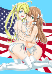  2girls ;) ;d ahoge american_flag ass azusagawa_tsukino back bikini blonde_hair blue_eyes bodysuit bow breast_press breasts brown_hair cheek-to-cheek commentary green_eyes hairbow halterneck hashiguchi_takashi heads_together highres hug japanese_flag kneeling long_hair looking_at_viewer medium_breasts monica_adenauer multiple_girls navel no_shoes one_eye_closed open_mouth outline side-tie_bikini_bottom sidelocks skindentation smile string_bikini swimsuit symmetrical_docking thighhighs twintails two_side_up white_bikini white_bodysuit white_legwear white_outline yakitate!!_japan 