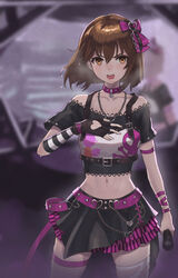  absurdres asymmetrical_legwear bad_id bad_twitter_id belt black_gloves black_skirt blurry blurry_background bow brown_eyes brown_hair chains choker clothing_cutout commentary darutanyan1023 depth_of_field female fingerless_gloves gloves hagiwara_yukiho hairbow hand_on_own_chest heart heart_cutout heart_necklace highres holding holding_microphone idol idolmaster idolmaster_(classic) jewelry lace lace-trimmed_shirt lace_trim layered_skirt looking_at_viewer microphone midriff miniskirt mismatched_legwear navel necklace off-shoulder_shirt off_shoulder open_mouth purple_belt purple_bow purple_choker purple_ribbon ribbon shirt shirt_straps short_hair single_glove skirt skull_and_crossbones solo standing striped sweat thighhighs 