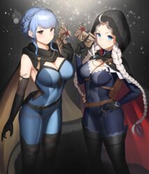  2girls absurdres ahoge alternate_costume black_cape black_footwear black_gloves blue_bodysuit blue_eyes blue_hair bodysuit boots braid breasts calling_card cape capelet cleavage commission commissioner_upload cosplay crystal_earrings dhokidoki earrings fire_emblem fire_emblem:_three_houses fire_emblem_fates fire_emblem_heroes gloves grey_eyes harness highres hood hood_up hooded_cape jewelry kagero_(fire_emblem) kagero_(fire_emblem)_(cosplay) kagero_(thief)_(fire_emblem) large_breasts leather long_hair low_twin_braids marianne_von_edmund medium_breasts multiple_girls nina_(fire_emblem) nina_(thief)_(fire_emblem) non-web_source o-ring o-ring_harness official_alternate_costume parted_bangs red_capelet simple_background skin_tight thigh_boots turtleneck twin_braids two-tone_bodysuit two-tone_cape white_hair yellow_cape 