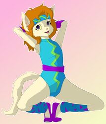  2023 absurd_res aerobics anthro clothing crouching digital_media_(artwork) farrah_furcett felid felin female flat_chested gradient_background hair hi_res kawaoneechan leg_warmers legwear leotard mammal simple_background solo spandex sweatband tail tight_clothing wrist_warmers 