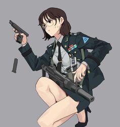  assault_rifle bad_id bad_twitter_id black_eyes black_footwear black_jacket black_necktie black_skirt brown_hair collared_shirt commentary_request daewoo_k1 daewoo_k5 female grey_background gun handgun high_heels holding holding_gun holding_weapon inactive_account jacket knee_up long_sleeves looking_away magazine_(weapon) magazine_ejection military military_uniform necktie on_one_knee open_clothes open_jacket original parted_lips pencil_skirt reloading republic_of_korea_army rifle shirt shoes simple_background skirt solo suppressor tie_clip uniform v-shaped_eyebrows wani_(perfect_han) weapon white_shirt 