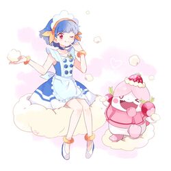  &gt;_o ;d anklet blue_choker blue_dress blue_hair blush bracelet choker commentary_request cream cream_on_face dress fangs female finger_to_chin food food_on_face gen_6_pokemon hairband heart jewelry key legs_together looking_at_viewer mei_(maysroom) millefeui_(pokemon) one_eye_closed open_mouth orange_bracelet orange_hairband pokemon pokemon_(anime) pokemon_(creature) pokemon_xy_(anime) red_eyes shoes short_hair sitting slurpuff smile tongue tongue_out 