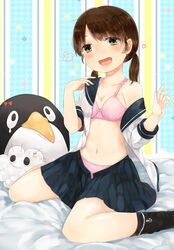  anchor_print black_socks blue_sailor_collar blue_skirt blush bra breasts brown_hair collarbone female heart highres kantai_collection looking_at_viewer medium_breasts medium_hair midriff miniskirt navel niseneko_(mofumofu_ga_ienai) on_bed open_clothes open_mouth open_shirt open_skirt panties pink_bra pink_panties pleated_skirt print_socks sailor_collar school_uniform serafuku shirayuki_(kancolle) short_sleeves skirt socks solo striped striped_background stuffed_animal stuffed_penguin stuffed_toy teeth underwear undressing upper_teeth_only vertical_stripes 