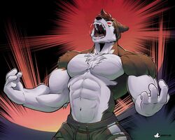  abs anjing_kampuss anthro biceps bodily_fluids canid canine canis clothed clothing domestic_dog hi_res joseph_(anjing_kampuss) male mammal muscular muscular_male nordic_sled_dog pecs saliva saliva_string solo spitz topless 