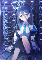  aqua_halo aris_(blue_archive) baram black_hair black_skirt black_socks blue_archive blue_eyes blue_necktie closed_mouth collared_shirt commentary feet_out_of_frame female hair_between_eyes hair_spread_out halo head_tilt highres hood hood_down hooded_jacket jacket knee_up long_hair long_hair_between_eyes long_sleeves necktie off_shoulder one_side_up open_clothes open_jacket pleated_skirt puffy_long_sleeves puffy_sleeves rectangular_halo server shirt shoes sitting skirt sleeves_past_wrists smile socks solo very_long_hair white_jacket white_shirt 