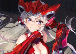  ahoge bare_shoulders bishoujo_senshi_sailor_moon bishoujo_senshi_sailor_moon_s blood breasts chinese_commentary cleavage commentary derivative_work elbow_gloves female gloves grin gun hair_between_eyes highres injury ldfe_mk2 light_purple_hair long_hair low_twintails meme photoshop_(medium) purple_eyes sailor_moon_redraw_challenge_(meme) screenshot_redraw senki_zesshou_symphogear shadow smile solo twintails upper_body weapon yukine_chris 