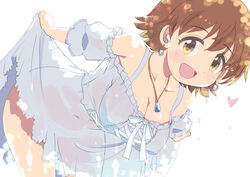  4040_(abonriya) blush breasts brown_hair cleavage collarbone dress female heart honda_mio idolmaster idolmaster_cinderella_girls idolmaster_cinderella_girls_starlight_stage large_breasts leaning_forward looking_at_viewer navel off-shoulder_dress off_shoulder see-through simple_background smile solo wet wet_clothes wet_dress white_background white_dress 