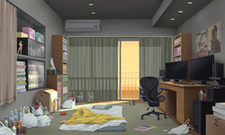  air_conditioner bag bedroom book bookshelf bottle box budda_(pixiv2124) can cardboard_box chair commentary_request computer computer_keyboard computer_mouse curtains drink_can figure futon gaming_chair indoors messy_room monitor no_humans notebook original otaku_room pillow poster_(object) scenery shopping_bag sliding_doors soda_can speaker swivel_chair water_bottle 