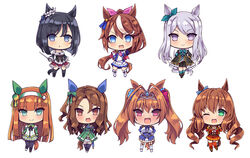  6+girls :d akikaze_tsumuji animal_ears black_footwear black_hair black_jacket black_pantyhose black_skirt black_thighhighs boots breasts brown_eyes brown_hair chibi cleavage commentary_request daiwa_scarlet_(umamusume) ear_ribbon eishin_flash_(umamusume) epaulettes frilled_jacket frills green_eyes green_jacket green_ribbons hair_between_eyes hair_intakes hair_ribbon horse_ears horse_girl horse_tail jacket juliet_sleeves king_halo_(umamusume) large_breasts layered_sleeves long_hair long_sleeves maruzensky_(umamusume) medium_breasts mejiro_mcqueen_(umamusume) multicolored_hair multiple_girls oerba_yun_fang one_side_up pantyhose parted_bangs pink_ribbon pleated_skirt ponytail puffy_short_sleeves puffy_sleeves purple_eyes purple_hair red_jacket red_skirt ribbon short_over_long_sleeves short_sleeves silence_suzuka_(umamusume) simple_background single_epaulette skirt smile standing streaked_hair striped_clothes striped_skirt tail thighhighs tiara tokai_teio_(umamusume) twintails umamusume v-shaped_eyebrows vertical-striped_clothes vertical-striped_skirt very_long_hair white_background white_footwear white_hair white_jacket white_skirt 