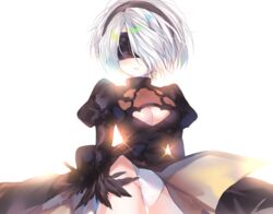  blindfold breasts cleavage feathers headband leotard nier nier:_automata short_hair skirt_lift urim_(paintur) white white_hair yorha_unit_no._2_type_b 