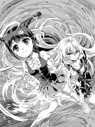  2girls braid cat_hair_ornament closed_mouth couple fingerless_gloves gloves greyscale gyaru hair_between_eyes hair_ornament highres holding long_hair loose_necktie monochrome multiple_girls necktie pizza_man pleated_skirt shikishima_mirei shirt short_twintails skirt tokonome_mamori twin_braids twintails valkyrie_drive valkyrie_drive_-mermaid- yuri 