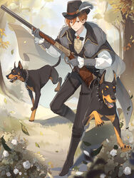  1boy artist_request ascot belt black_bow black_bowtie black_cape black_footwear black_hat black_pants black_vest boots bow bowtie brooch brown_hair canine cape checkered_ascot collar collared_cape collared_shirt dobermann earl_grey_tea_(food_fantasy) earrings falling_leaves flower food_fantasy forest fur-trimmed_cape fur_trim gloves gold_trim grass grey_gloves gun hair_between_eyes hat hat_feather heart heart_brooch highres holding holding_gun holding_weapon jewelry leaf looking_at_viewer looking_to_the_side male_focus musket nature official_art pants petals pouch puffy_sleeves red_eyes shirt short_hair single_earring sleeves_past_wrists smile solo spiked_collar spikes standing thigh_pouch third-party_source tree v-shaped_eyebrows vest weapon white_flower white_shirt 