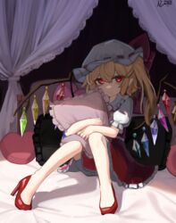  ai-assisted alternate_footwear asymmetrical_wings bed blonde_hair bloomers bow canopy_bed commentary crystal curtains female flandre_scarlet frilled_skirt frills full_body glowing glowing_eyes hairbow hat heart heart-shaped_pillow high_heels highres hugging_object looking_at_viewer making-of_available mob_cap no_pupils on_bed one_side_up pillow pillow_hug pointy_ears pumps red_eyes red_footwear red_skirt ribbon-trimmed_headwear ribbon_trim shadow short_hair short_sleeves sitting skirt solo touhou underwear wings zakozako_y 