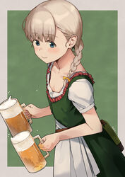  alcohol apron bangs banned_artist barmaid beer beer_mug blonde_hair blouse blue_eyes blunt_bangs cowboy_shot cup dirndl dress female flat_chest frilled_dress frills german_clothes green_background green_dress hair_over_shoulder holding holding_cup kantai_collection long_hair makio_(makiomeigenbot) mug official_alternate_costume pinafore_dress puffy_short_sleeves puffy_sleeves shin&#039;you_(kancolle) short_sleeves solo symbol-only_commentary waist_apron waitress white_apron white_blouse 